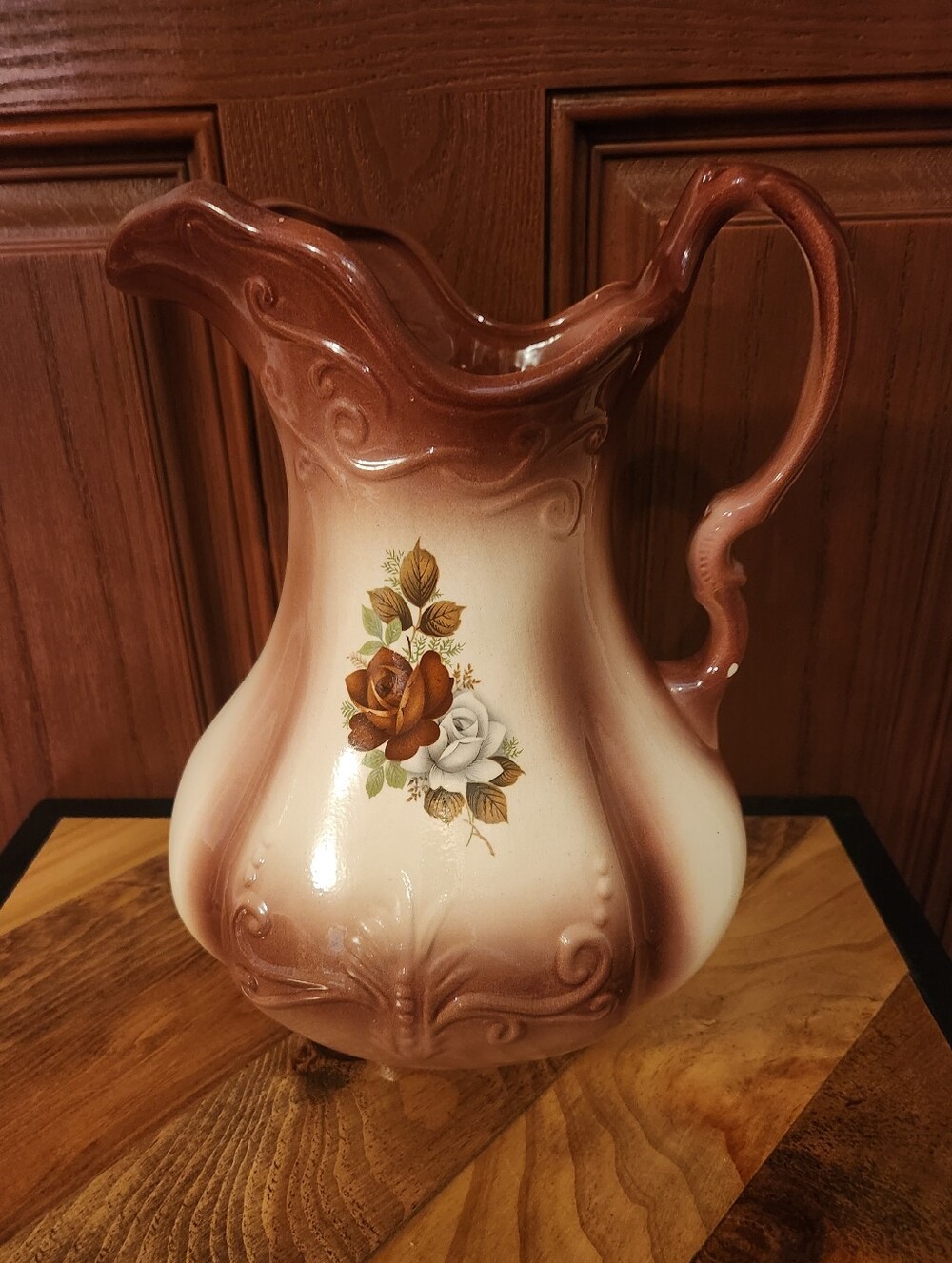 Vintage Victorian Ironstone Pitcher Burgundy Floral Antique England